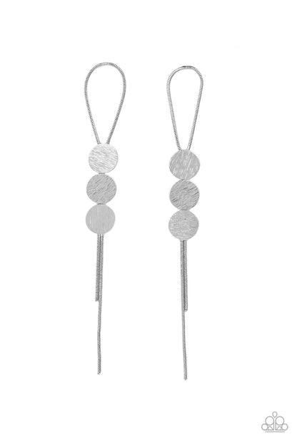 Bolo Beam Silver Post Earring - Paparazzi Accessories  A silver loop of round snake chain is held in place by a trio of scratched silver discs, creating a trendy bolo-like lure. Earring attaches to a standard post fitting.  Sold as one pair of post earrings.