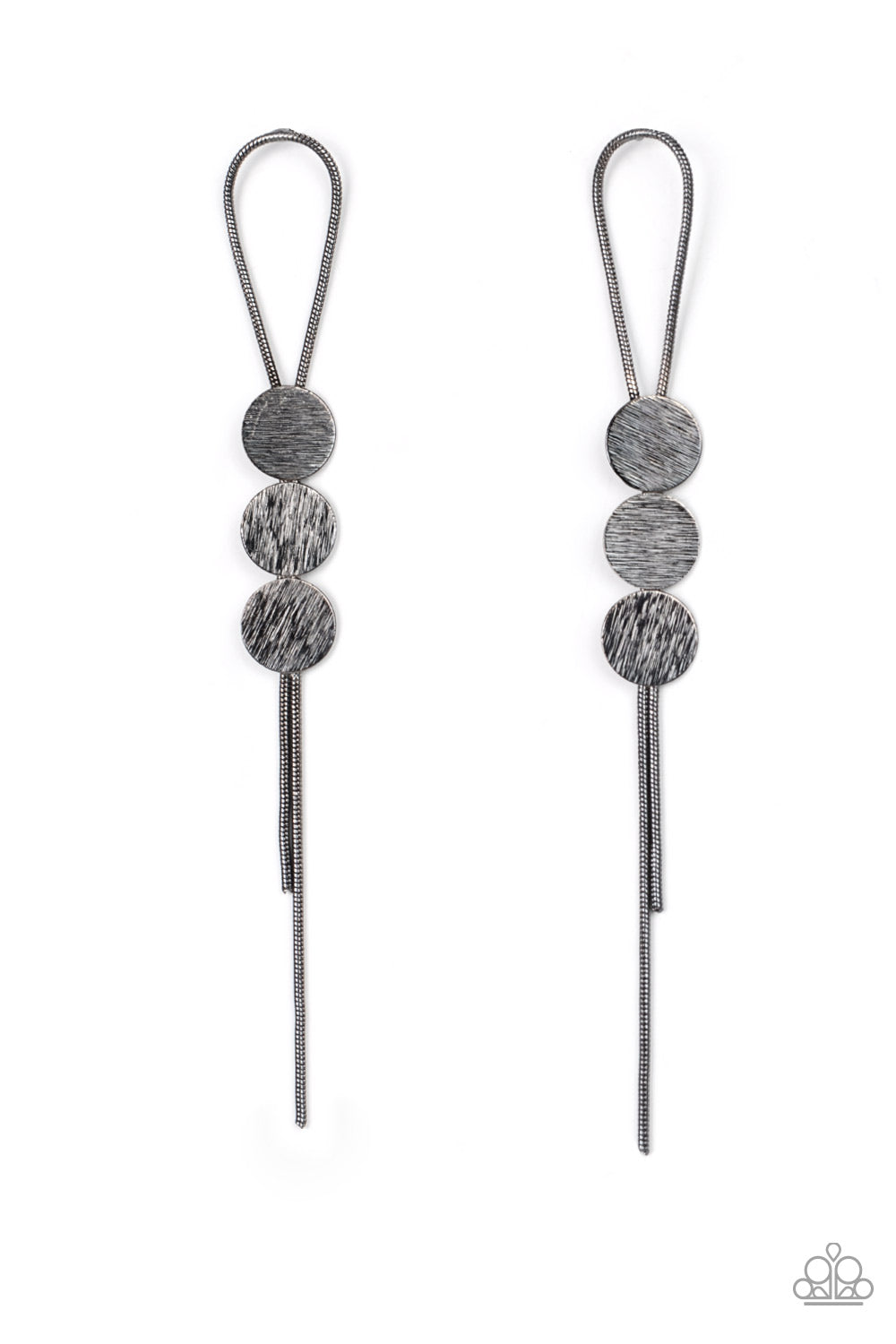 Bolo Beam Black Post Earring - Paparazzi Accessories  A gunmetal loop of round snake chain is held in place by a trio of scratched gunmetal discs, creating a trendy bolo-like lure. Earring attaches to a standard post fitting.  Sold as one pair of post earrings.