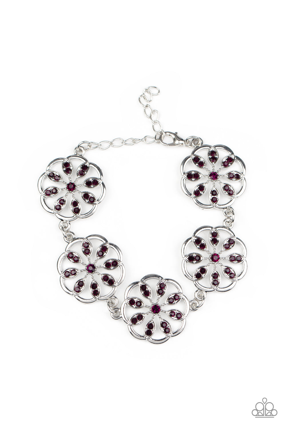 Blooming Bling Purple Bracelet - Paparazzi Accessories  Adorned with purple rhinestone floral accents, scalloped silver frames delicately link around the wrist for a sparkly seasonal fashion. Features an adjustable clasp closure.  All Paparazzi Accessories are lead free and nickel free!  Sold as one individual bracelet.