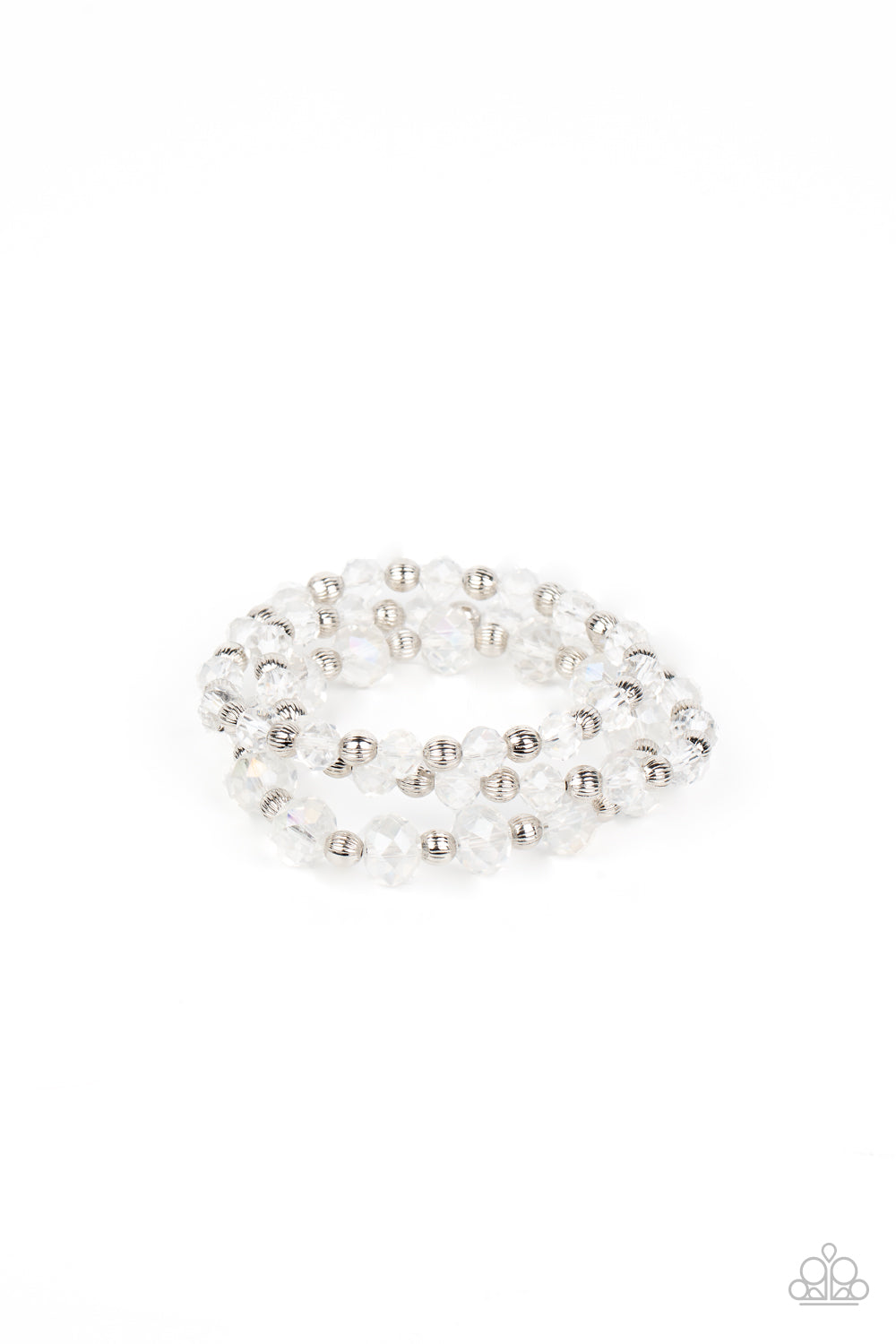 Eiffel Tower Tryst White Iridescent Bracelet - Paparazzi Accessories  Varying in size, an explosion of glassy iridescent crystal-like gems and ornate silver beads are threaded along stretchy bands around the wrist for a glamorous fashion.  Sold as one set of three bracelets.