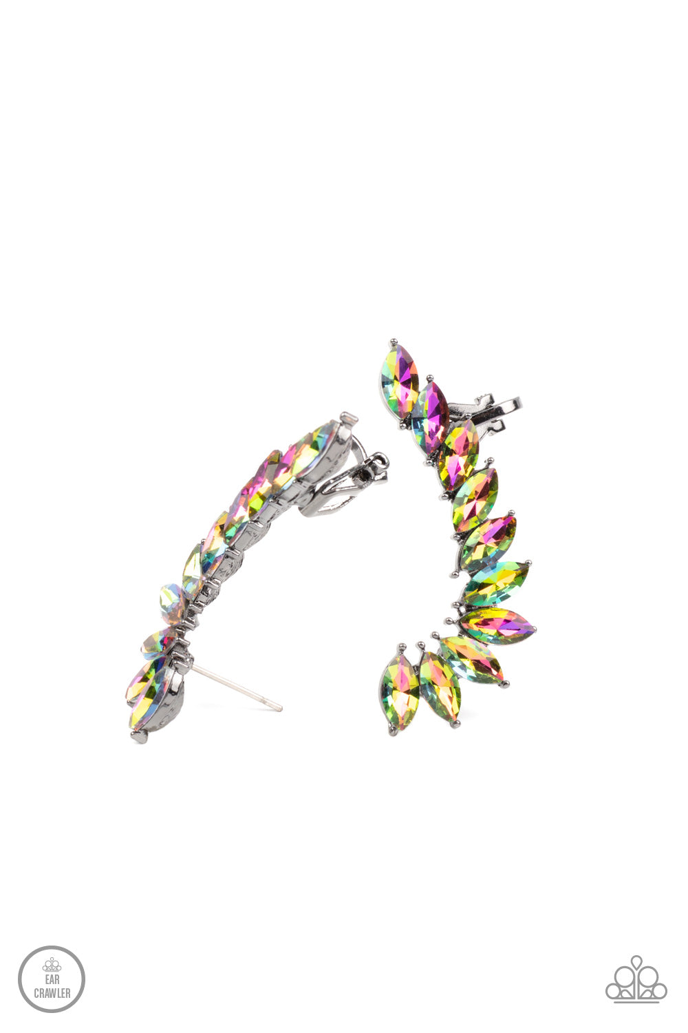 Stargazer Glamour Multi Ear Crawler Earring - Paparazzi Accessories  A stellar stack of marquise oil spill rhinestones curve up the ear, creating a smoldering sparkle. Features a clip-on fitting at the top for a secure fit.  Sold as one pair of ear crawlers.