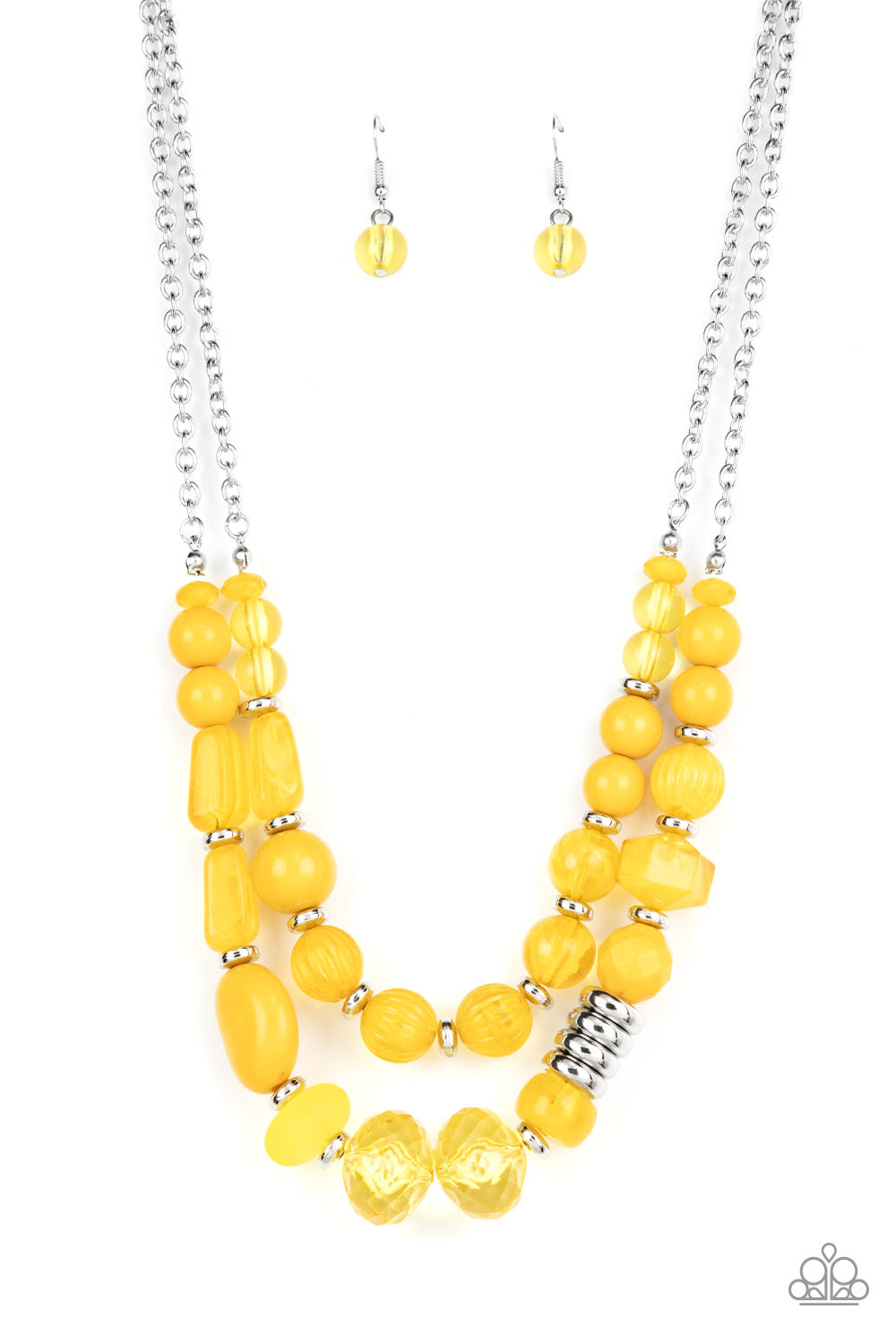 Pina Colada Paradise Yellow Necklace - Paparazzi Accessories  Varying in shape, size, and opacity, a refreshing collection of mustard yellow acrylic and crystal-like beads join silver discs along invisible wires that flawlessly layer below the collar for an earthy pop of color. Features an adjustable clasp closure.  Sold as one individual necklace. Includes one pair of matching earrings.