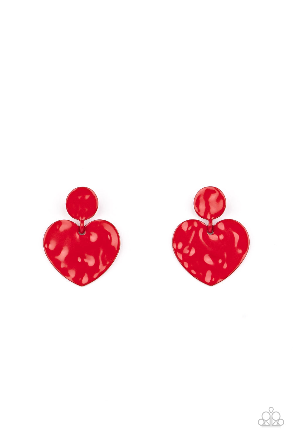 Just a Little Crush Red Earring - Paparazzi Accessories   Painted in a glossy red finish, a hammered disc gives way to a hammered heart frame for a flirtatious fashion. Earring attaches to a standard post fitting.  Sold as one pair of post earrings.