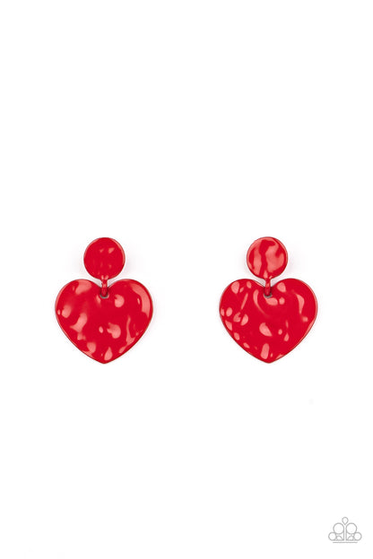 Just a Little Crush Red Earring - Paparazzi Accessories   Painted in a glossy red finish, a hammered disc gives way to a hammered heart frame for a flirtatious fashion. Earring attaches to a standard post fitting.  Sold as one pair of post earrings.