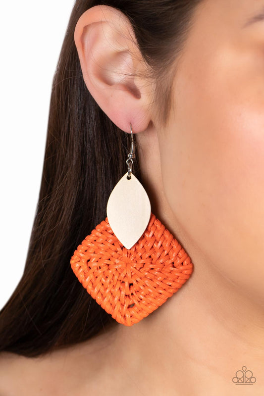 Sabbatical WEAVE Orange Earring - Paparazzi Accessories  A leaf shaped white wooden frame delicately overlaps with an intricately woven orange wicker-like frame, creating a vivacious pop of color. Earring attaches to a standard fishhook fitting.  Sold as one pair of earrings.