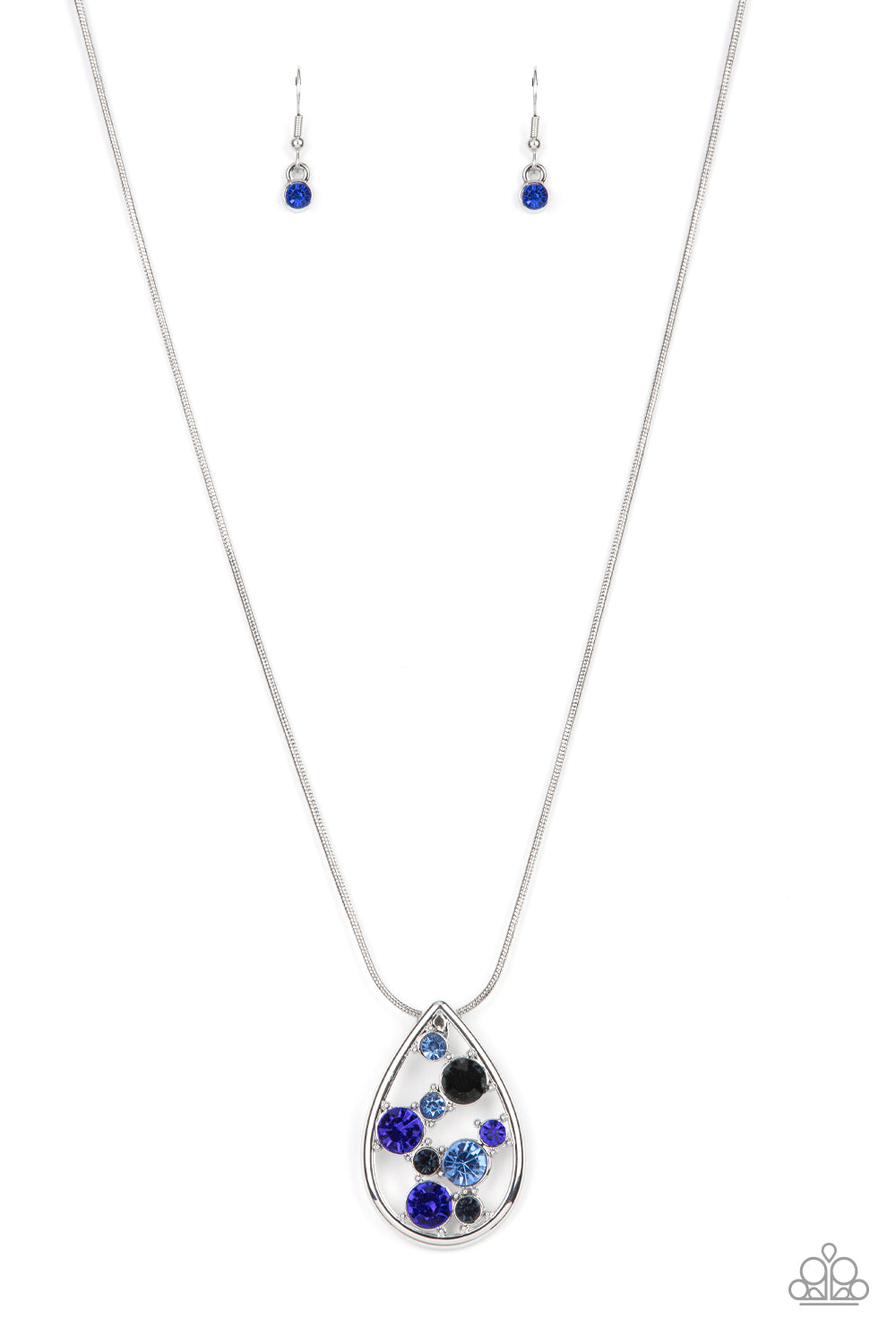 Seasonal Sophistication Blue Necklace - Paparazzi Accessories  A bubbly collection of blue, Mykonos Blue, and Spring Lake rhinestones coalesce inside an airy silver teardrop, resulting in an effervescently elegant pendant at the bottom of a rounded silver snake chain. Features an adjustable clasp closure.  Sold as one individual necklace. Includes one pair of matching earrings.