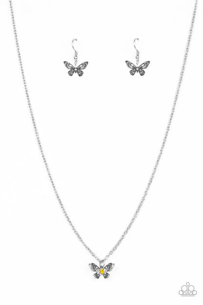 Flutter Love Yellow Necklace - Paparazzi Accessories  Layered with ornate silver wings, a yellow rhinestone dotted butterfly flutters from a dainty silver chain below the collar for a whimsical fashion. Features an adjustable clasp closure.  Sold as one individual necklace. Includes one pair of matching earrings.