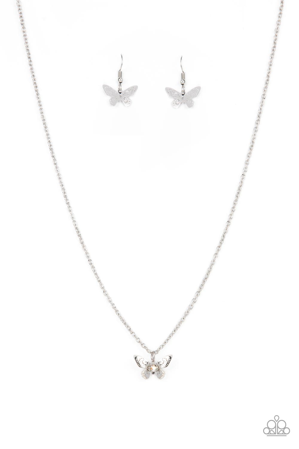 Flutter Love Multi Necklace - Paparazzi Accessories  Layered with ornate silver wings, an iridescent rhinestone dotted butterfly flutters from a dainty silver chain below the collar for a whimsical fashion. Features an adjustable clasp closure.  Sold as one individual necklace. Includes one pair of matching earrings.