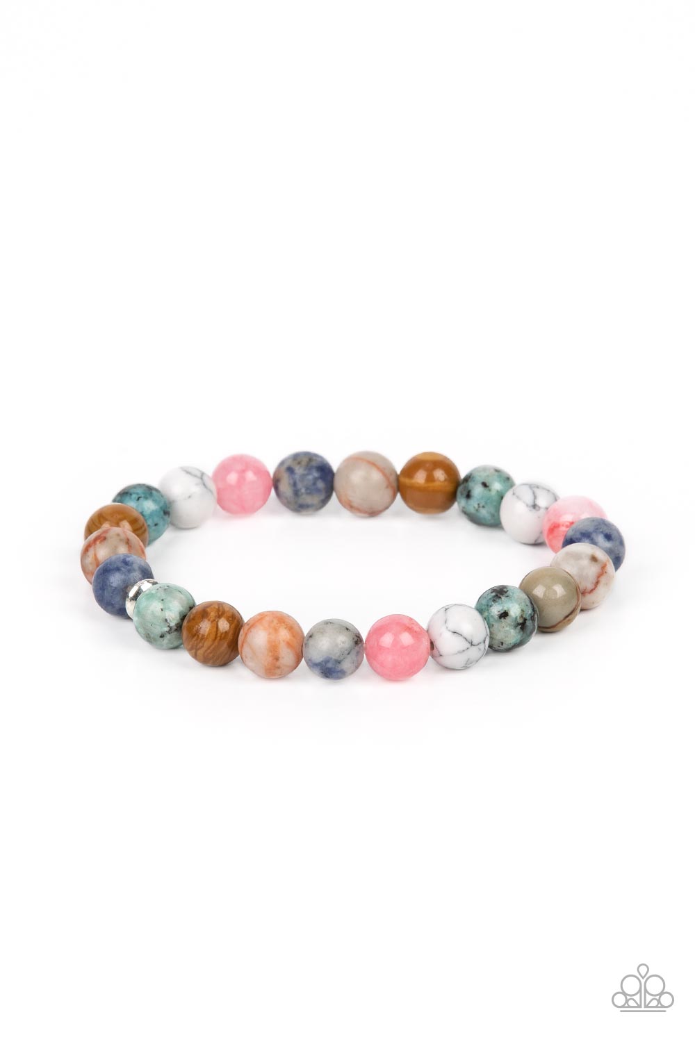 Stone Chakra Multi Urban Bracelet - Paparazzi Accessories  Infused with silver accents, a colorful collection of natural stones are threaded along a stretchy band around the wrist for a tranquil look.  Sold as one individual bracelet.