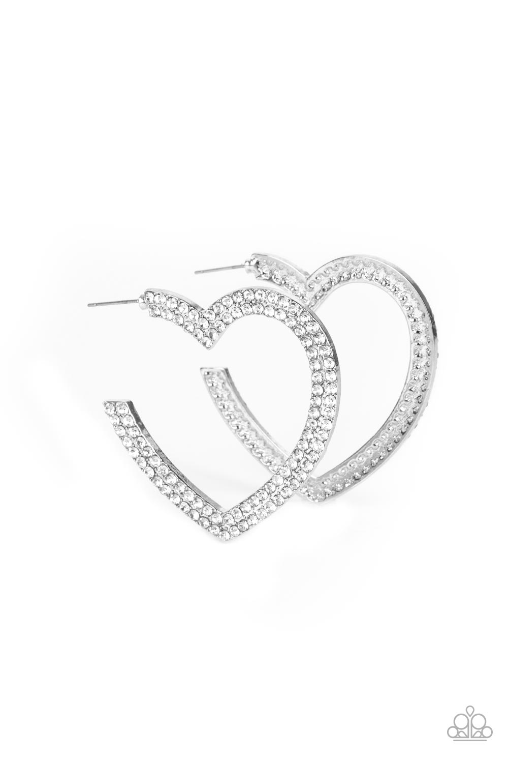 AMORE to Love White Hoop Earring - Paparazzi Accessories  Two rows of blinding white rhinestones are encrusted along the front of a heart shaped silver hoop, creating a heart-stopping sparkle. Hoop measures approximately 2" in diameter. Earring attaches to a standard post fitting.  Sold as one pair of hoop earrings.