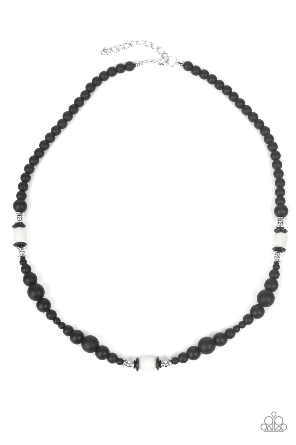 Stone Synchrony - White Item #P2MN-URWT-003XX Grounding sections of dainty silver beads and white stone accents adorn a strand of black stone beads, creating an earthy compliment below the collar. Features an adjustable clasp closure.  Sold as one individual necklace.