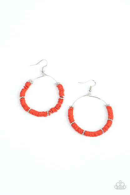 Loudly Layered Red Earring - Paparazzi Accessories  Infused with studded silver floral-shaped rings, a flamboyant collection of rubbery red flowers are threaded along a dainty wire hoop for a whimsical pop of color. Earring attaches to a standard fishhook fitting.  Sold as one pair of earrings.