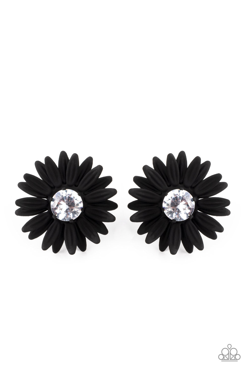Sunshiny DAIS-y Black Post Earring - Paparazzi Accessories  Layers of black petals fan out from an oversized white rhinestone fitting, blooming into a sparkly floral centerpiece. Earring attaches to a standard post fitting.  Sold as one pair of post earrings.