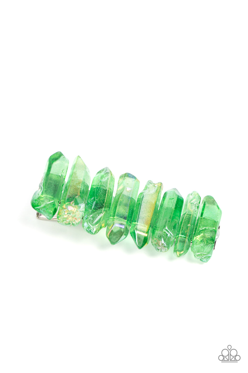 Crystal Caves Green Hair Clip - Paparazzi Accessories  Raw cut iridescent green crystals stack across the front of a rectangular silver frame, creating an ethereally earthy centerpiece. Features a standard hair clip on the back.  Sold as one individual hair clip.