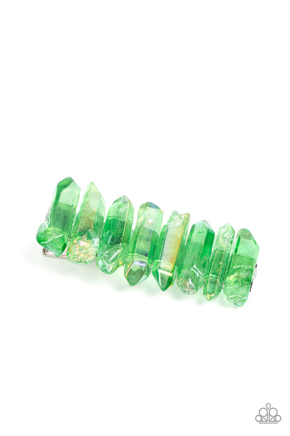 Crystal Caves Green Hair Clip - Paparazzi Accessories  Raw cut iridescent green crystals stack across the front of a rectangular silver frame, creating an ethereally earthy centerpiece. Features a standard hair clip on the back.  Sold as one individual hair clip.