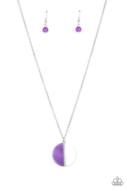 Elegantly Eclipsed - Purple Item #P2SE-PRXX-217XX A pair of amethyst stone and white shell-like half moon frames adorn the front of a round silver fitting, creating a whimsical pendant below the collar. Features an adjustable clasp closure.  Sold as one individual necklace. Includes one pair of matching earrings.