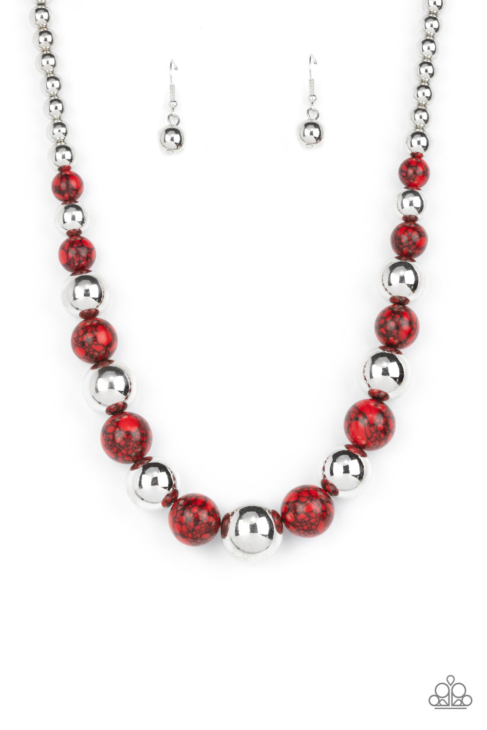 Stone Age Adventurer Red Necklace - Paparazzi Accessories  Featuring a red and black marble finish, a fiery collection of faux stone and classic silver beads gradually increase in size as they alternate below the collar for a statement-making look. Features an adjustable clasp closure.  Sold as one individual necklace. Includes one pair of matching earrings.