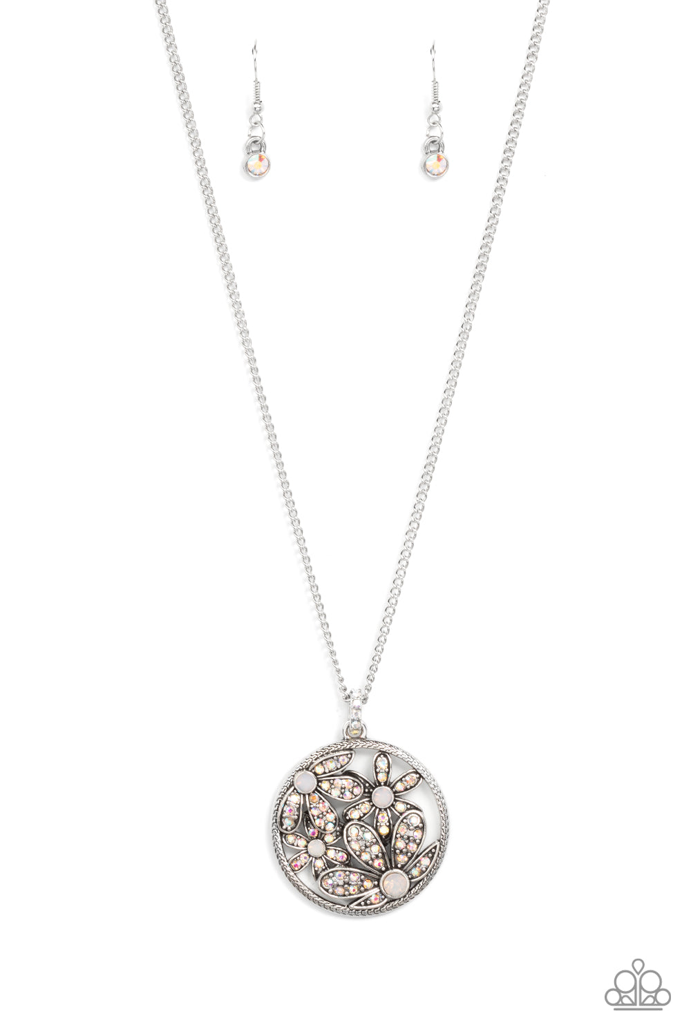 Glade Glamour Multi Necklace - Paparazzi Accessories  Dotted with opal white rhinestone centers, a clustered bouquet of iridescent rhinestone petaled flowers bloom inside a texture silver hoop, coalescing into an enchanting floral pendant at the bottom of an extended silver frame. Features an adjustable clasp closure.  Sold as one individual necklace. Includes one pair of matching earrings.