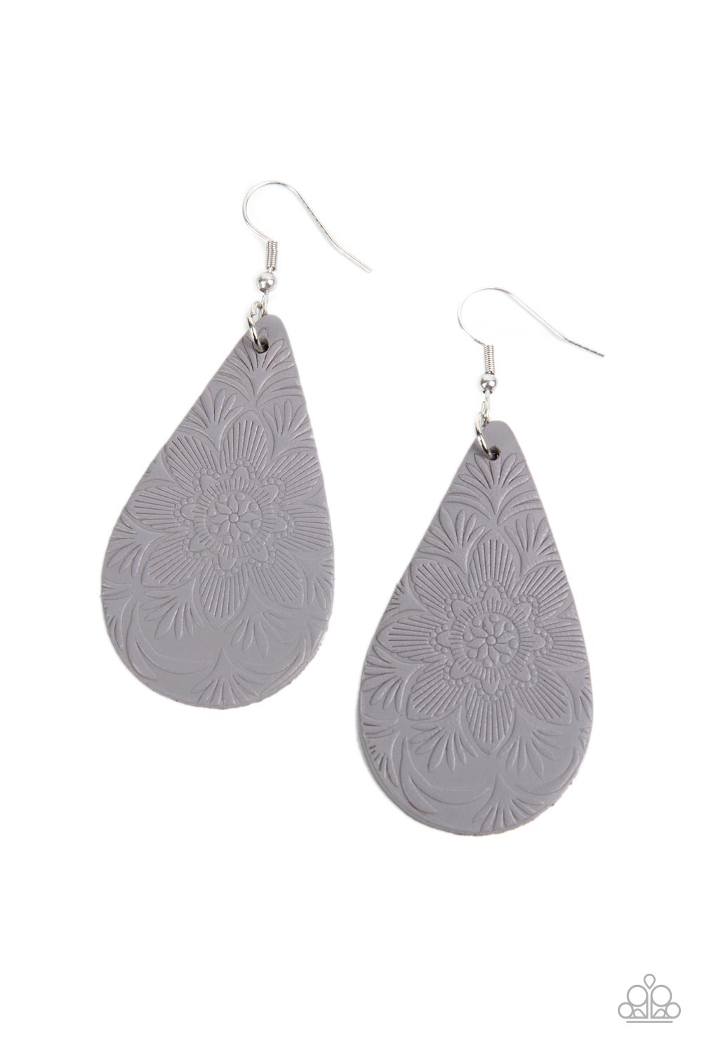 Subtropical Seasons Silver Earring - Paparazzi Accessories  Embossed in a tropical floral pattern, a distressed Ultimate Gray leather teardrop swings from the ear for a whimsically rustic flair. Earring attaches to a standard fishhook fitting.  Sold as one pair of earrings.