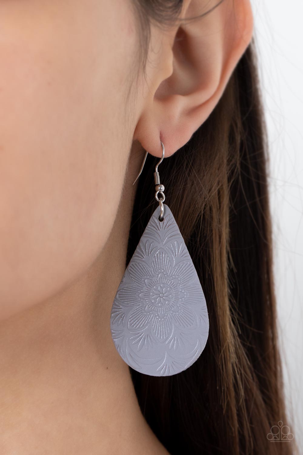 Subtropical Seasons Silver Earring - Paparazzi Accessories  Embossed in a tropical floral pattern, a distressed Ultimate Gray leather teardrop swings from the ear for a whimsically rustic flair. Earring attaches to a standard fishhook fitting.  Sold as one pair of earrings.