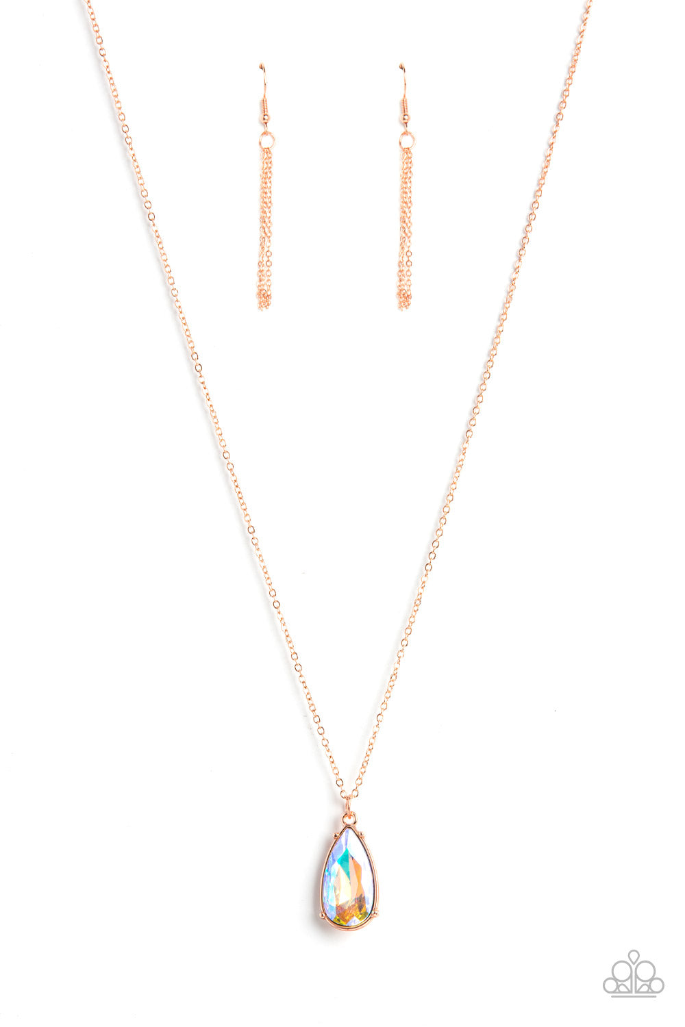 Interstellar Royal Copper Necklace - Paparazzi Accessories  Encased in a shiny copper fitting, an iridescent teardrop gem glides along a dainty shiny copper chain below the collar for a stellar fashion. Features an adjustable clasp closure.  Sold as one individual necklace. Includes one pair of matching earrings.