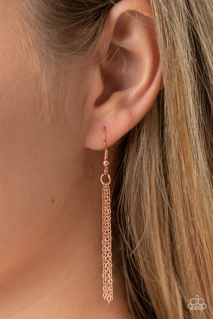 Interstellar Royal Copper Necklace - Paparazzi Accessories  Encased in a shiny copper fitting, an iridescent teardrop gem glides along a dainty shiny copper chain below the collar for a stellar fashion. Features an adjustable clasp closure.  Sold as one individual necklace. Includes one pair of matching earrings.