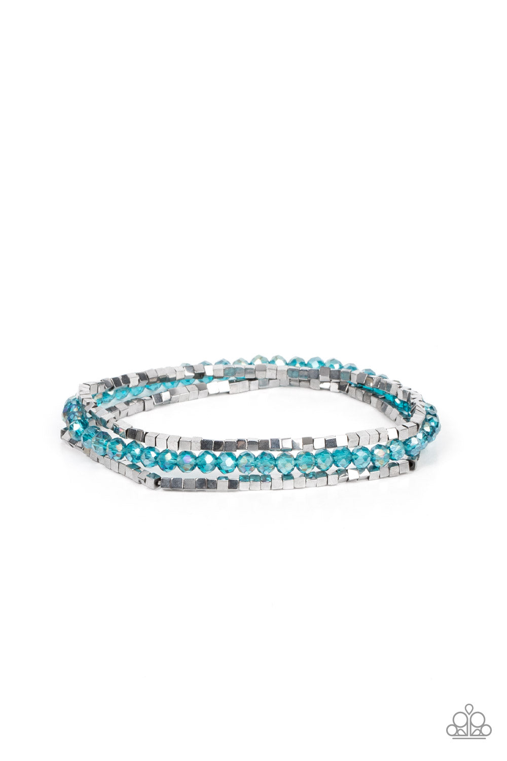 Just a Spritz Blue Bracelet - Paparazzi Accessories  Two rows of dainty silver cube beads and one row of iridescent blue crystal-like beads are threaded along stretchy bands around the wrist, creating stellar layers.  Sold as one set of three bracelets.