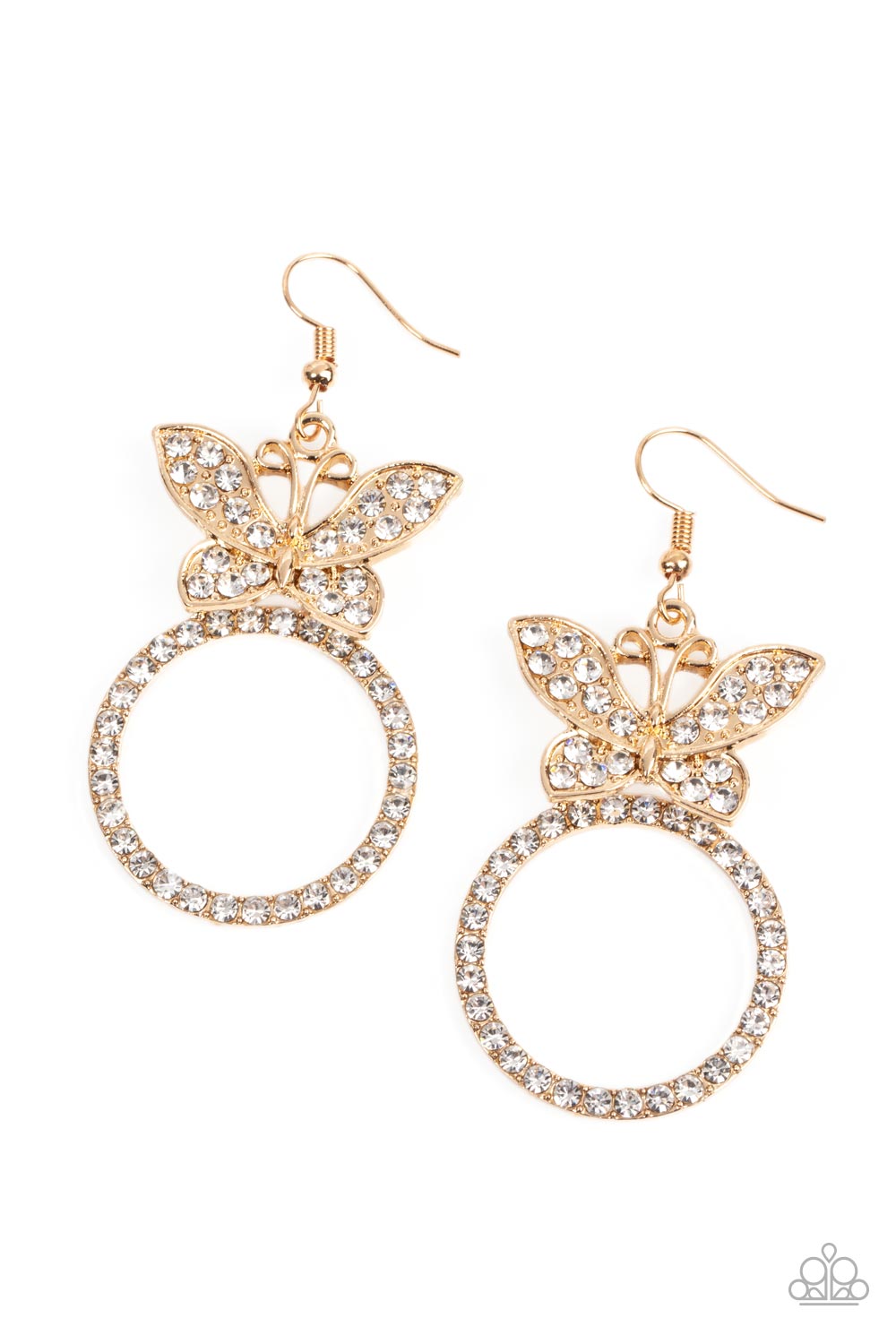 Paradise Found Gold Butterfly Earring - Paparazzi Accessories  A white rhinestone encrusted gold butterfly flutters atop a gold ring dotted in matching white rhinestones, resulting in a dazzling statement piece. Earring attaches to a standard fishhook fitting.  Sold as one pair of earrings.