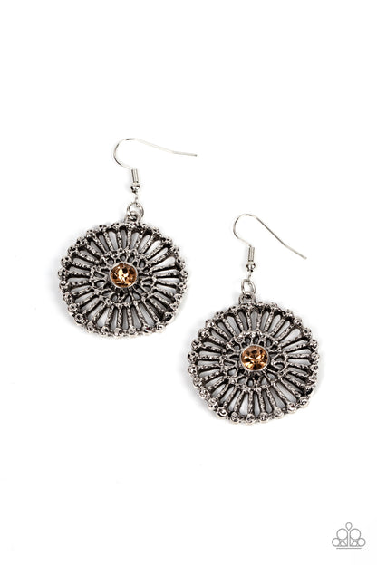 Tangible Twinkle Brown Earring - Paparazzi Accessories Item #P5WH-BNXX-119XX Hammered silver spokes flare out from a golden topaz rhinestone center, resulting in a studded silver frame. Earring attaches to a standard fishhook fitting.  Sold as one pair of earrings.