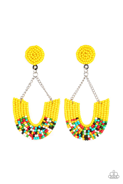Make it RAINBOW Yellow Earring - Paparazzi Accessories  Adorned in sections of Illuminating and multicolored seed beaded accents, a colorful rainbow swings from the bottom of shimmery silver chains that attach to an Illuminating seed beaded disc for a bohemian inspired fashion. Earring attaches to a standard post fitting.  Sold as one pair of post earrings.