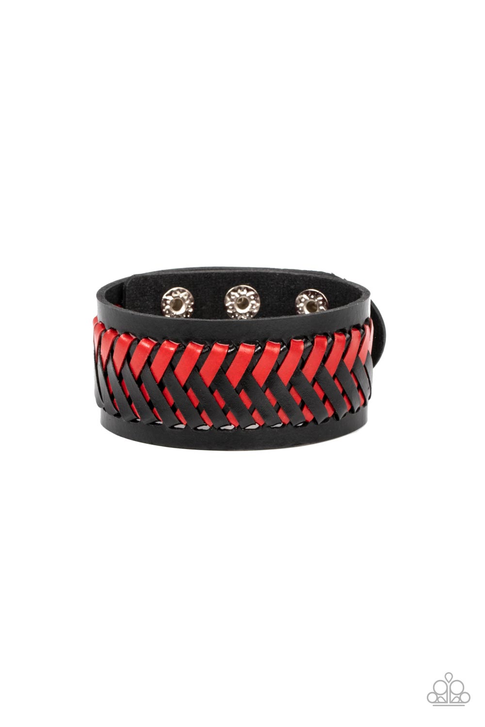 Punk Rocker Road Red Urban Wrap Bracelet - Paparazzi Accessories  Black and Fire Whirl leather laces decoratively crisscross across the front of a thick black leather band, resulting in a rebellious pop of color around the wrist. Features an adjustable snap closure.  Sold as one individual bracelet.