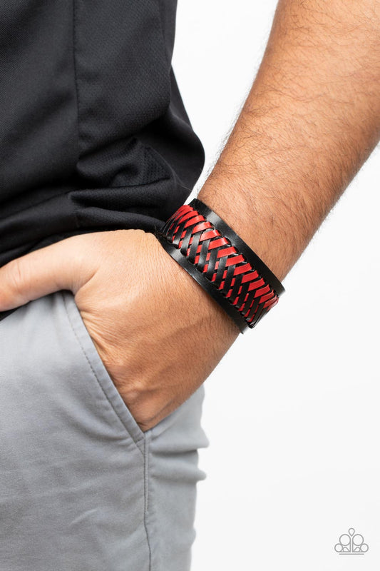 Punk Rocker Road Red Urban Wrap Bracelet - Paparazzi Accessories  Black and Fire Whirl leather laces decoratively crisscross across the front of a thick black leather band, resulting in a rebellious pop of color around the wrist. Features an adjustable snap closure.  Sold as one individual bracelet.