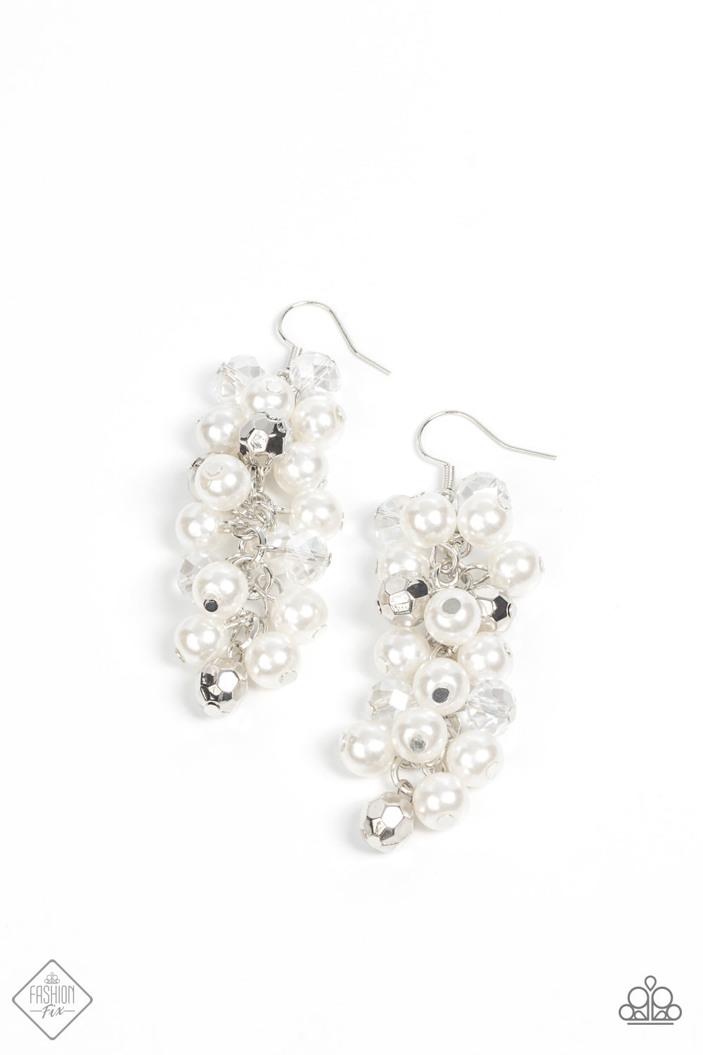 Pursuing Perfection White Pearl Earring - Paparazzi Accessories  A sprinkle of faceted iridescent and silver beads mingle with a cluster of dreamy white pearls resulting in an elegant chandelier that sways below the ear. Earring attaches to a standard fishhook fitting.  Sold as one pair of earrings.
