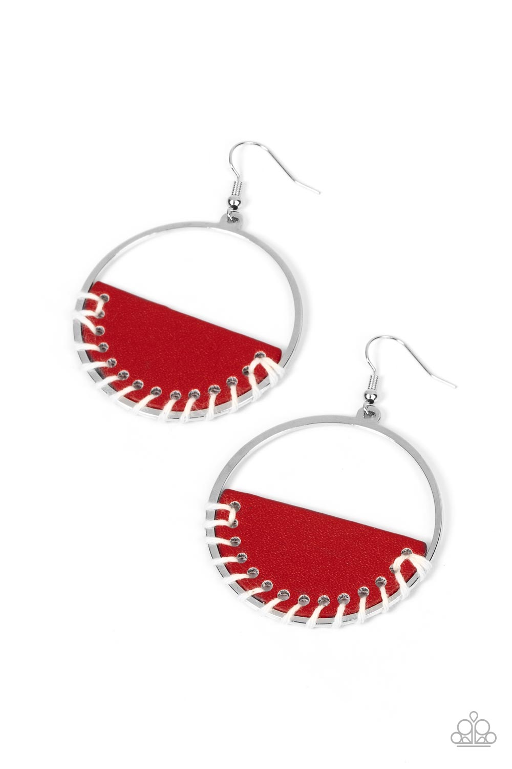 Lavishly Laid Back Red Earring - Paparazzi Accessories﻿  White cording is threaded through the bottom of a half moon piece of red leather, anchoring the earthy accent in place inside a glistening silver hoop for an earthy flair. Earring attaches to a standard fishhook fitting.  Sold as one pair of earrings.