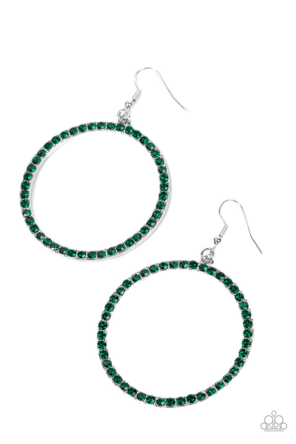 Head-Turning Halo Green Earring - Paparazzi Accessories  The front of an oversized silver ring is encrusted in glitzy Leprechaun rhinestones, resulting in a head-turning hoop. Earring attaches to a standard fishhook fitting.  Sold as one pair of earrings.