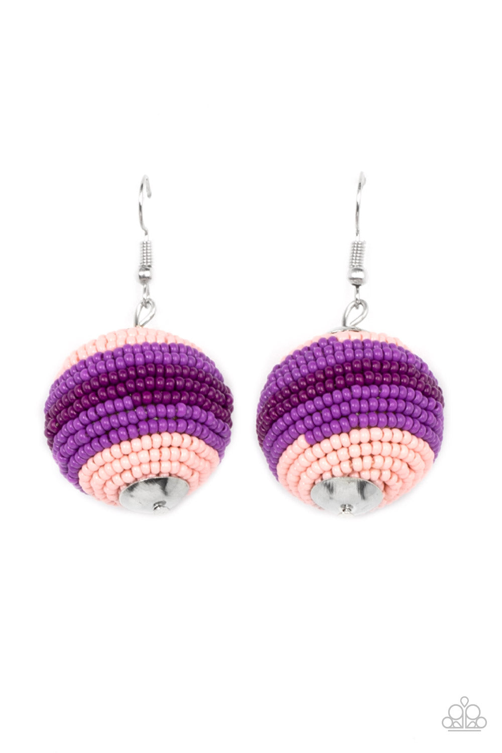 Zest Fest Purple Earring - Paparazzi Accessories  Strands of Pale Rosette, purple, and plum seed beads decoratively spin around a spherical frame, resulting in a colorful 3-dimensional display. Earring attaches to a standard fishhook fitting.  Sold as one pair of earrings.