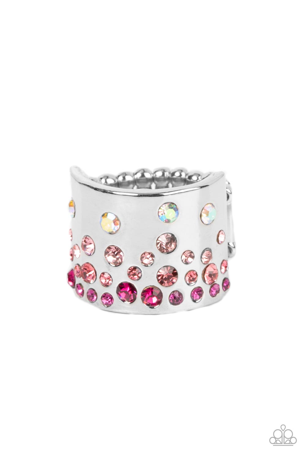 Sizzling Sultry Pink Ring - Paparazzi Accessories  Featuring iridescent and glassy finishes, glitzy rows of pink and multicolored rhinestones are haphazardly sprinkled across the front of a thick silver band for a colorful splash of ombre sparkle. Features a stretchy band for a flexible fit.  Sold as one individual ring.