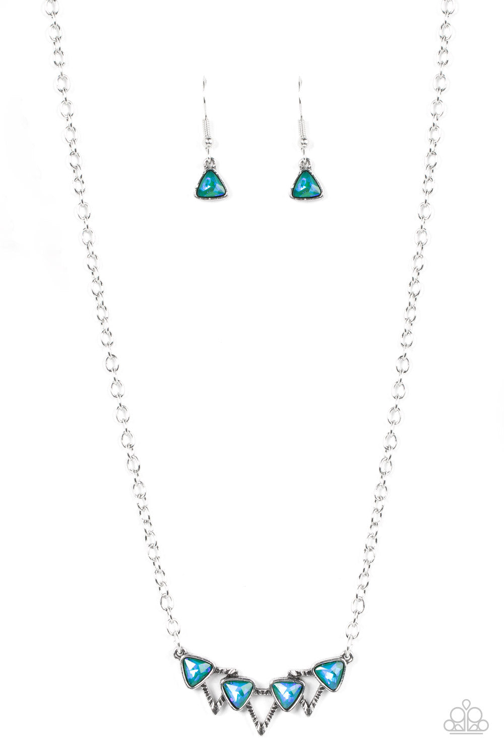 Pyramid Prowl Multi Necklace - Paparazzi Accessories  A staggered row of iridescent triangular gems stack across the front of a row of textured silver triangular frames, resulting in a stellar sparkle below the collar. Features an adjustable clasp closure.  Sold as one individual necklace. Includes one pair of matching earrings.