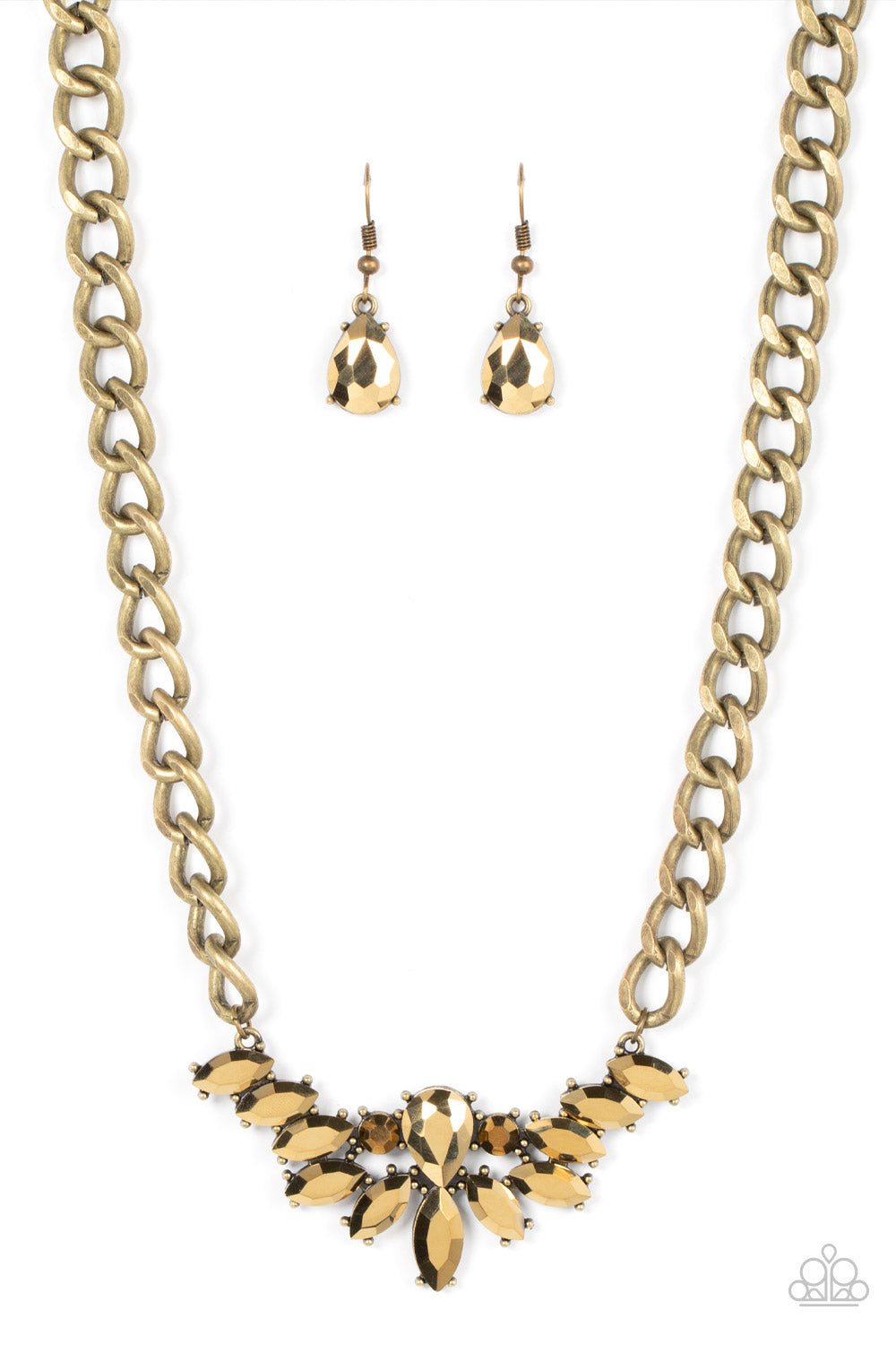 Come at Me Brass Necklace - Paparazzi Accessories  Glitzy marquise cut aurum rhinestones fan out from the bottom of an oversized teardrop aurum rhinestone, resulting in a gritty pendant at the bottom of a chunky brass chain for a sassy statement. Features an adjustable clasp closure.  Sold as one individual necklace. Includes one pair of matching earrings.