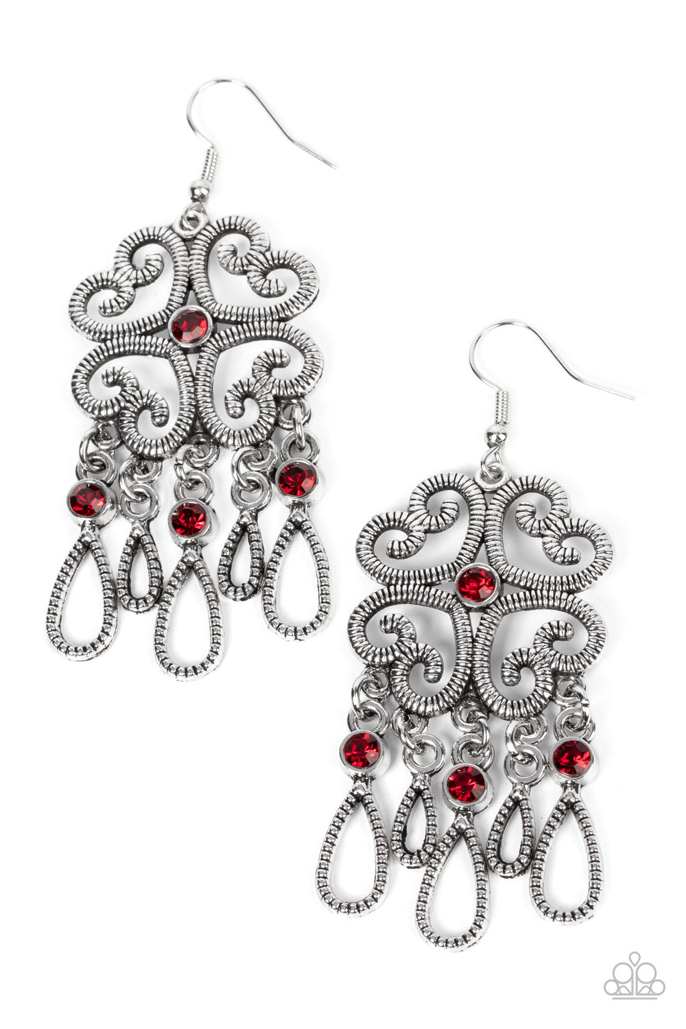 Majestic Makeover - Red Item #P5RE-RDXX-172XX Etched in linear texture, four whimsical hearts coalesce into an airy frame. A dainty red rhinestone dots the center while a flirty fringe of teardrop frames adorned with fiery red rhinestones sways below for an eye-catching finish. Earring attaches to a standard fishhook fitting.  Sold as one pair of earrings.