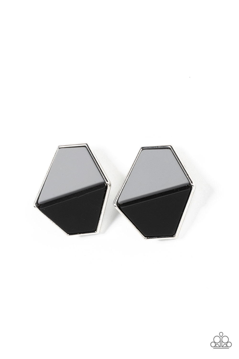 Generically Geometric Black Post Earring - Paparazzi Accessories  Featuring a matte finish, gray and black trapezoidal frames are encased in a glistening silver frame that gently folds backwards for added dimension. Earring attaches to a standard post fitting.  Sold as one pair of post earrings.