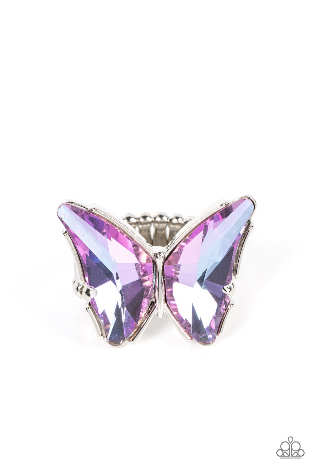 Fluorescent Flutter Purple Ring - Paparazzi Accessories  Featuring a stellar UV finish, a pair of glittery purple gems adorns the wings of a silver butterfly atop the finger for an eye-catching finish. Features a stretchy band for a flexible fit. Due to its prismatic palette, color may vary.  Sold as one individual ring.