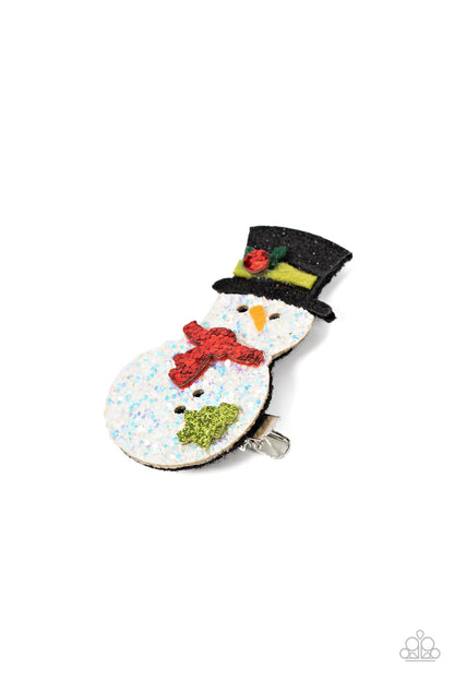 Let it Snow Multi Hair Clip - Paparazzi Accessories  Dusted in glitter, a sparkly snowman adorns the front of a classic silver frame for a frosty finish. Features a standard hair clip on the back.  Sold as one individual hair clip.