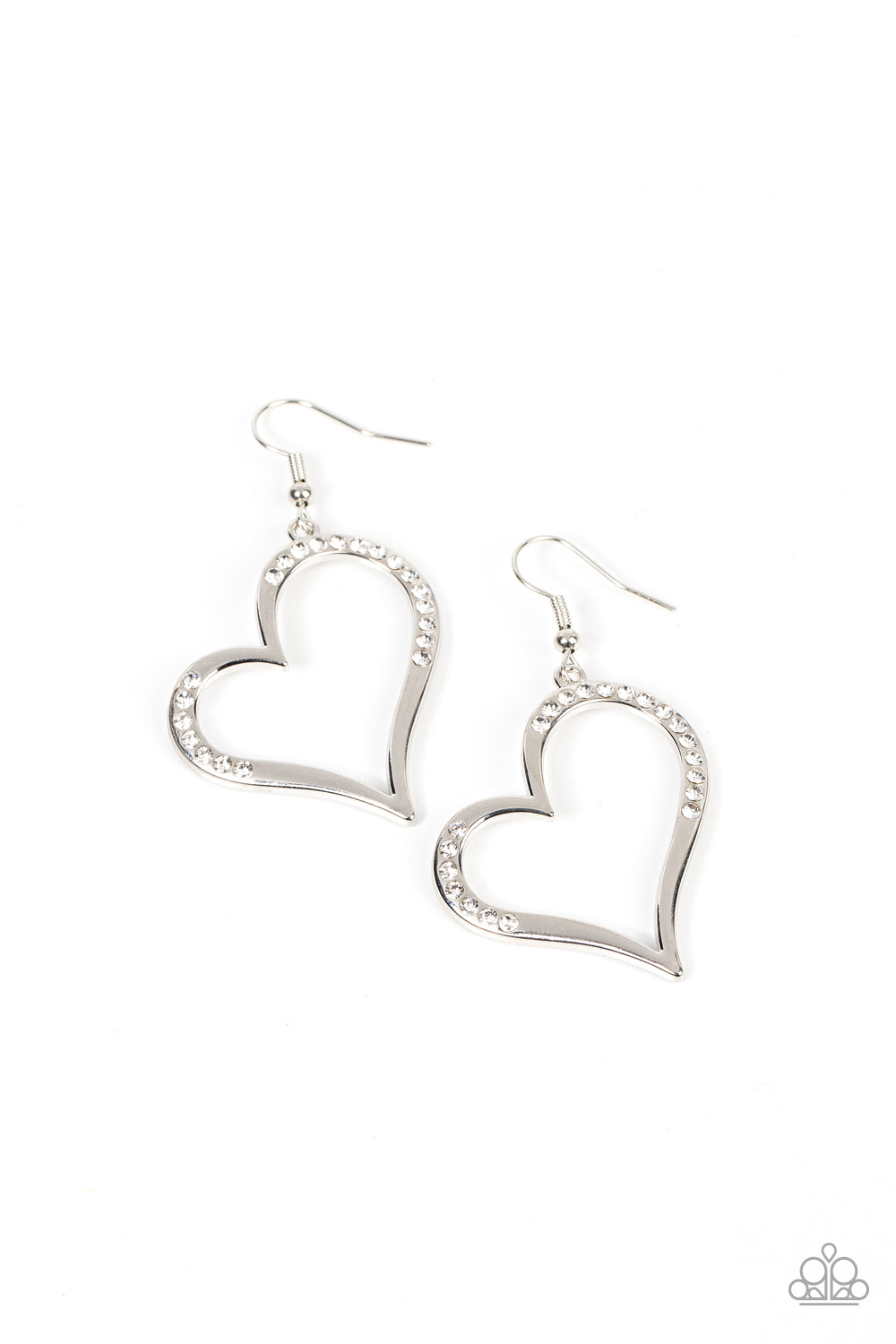 Tenderhearted Twinkle White Earring - Paparazzi Accessories  A curvaceous silver heart is encrusted in sections of glassy white rhinestones, invoking a flirtatious flair. Earring attaches to a standard fishhook fitting.  Sold as one pair of earrings.