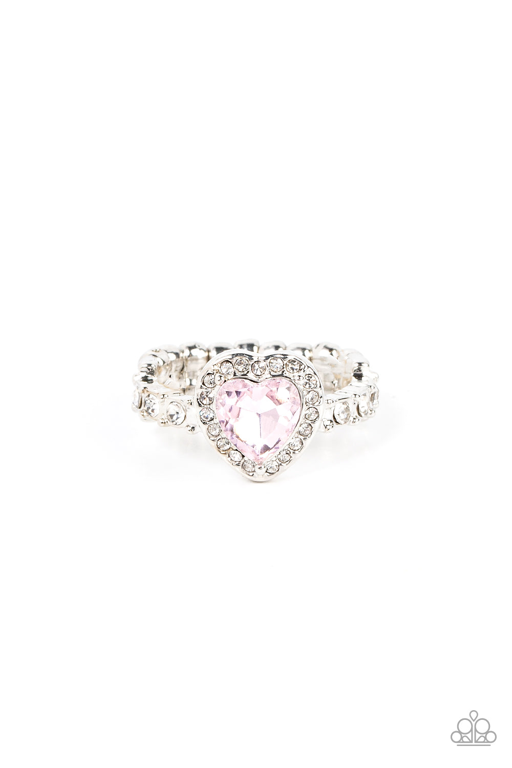 Romantic Reputation Pink Ring - Paparazzi Accessories  Bordered in a glassy frame of dainty white rhinestones, a pink heart shaped gem sparkles atop a silver band dotted in brilliant white rhinestones for a romantic finish. Features a dainty stretchy band for a flexible fit.  Sold as one individual ring.