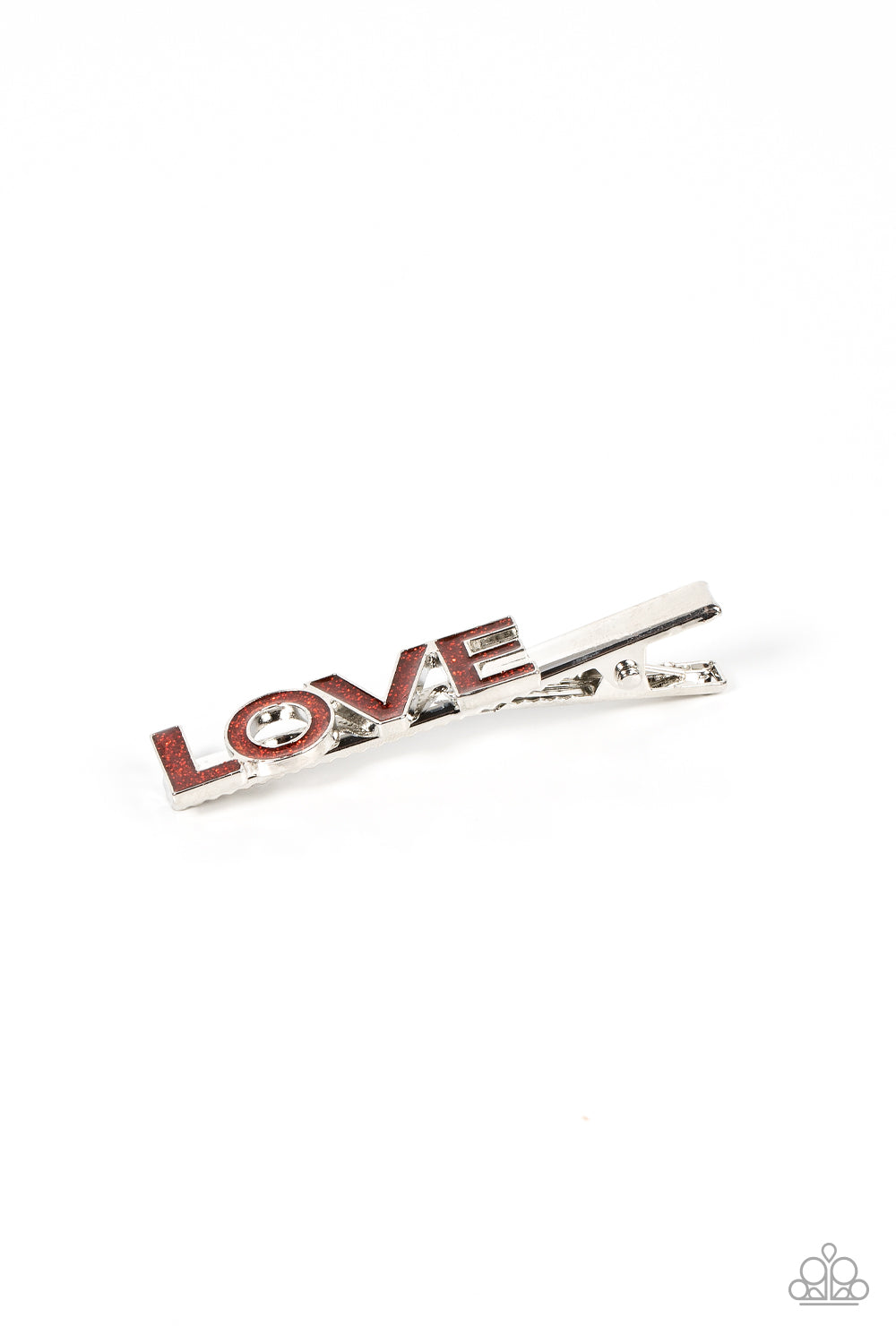 Adored Adornment Red Love Hair Clip - Paparazzi Accessories  Featuring a glittery red finish, the word, "Love," is spelled across the front of a pair of silver hair clips for a colorfully charming look. Features standard hair clips on the back.  Sold as one pair of hair clips.