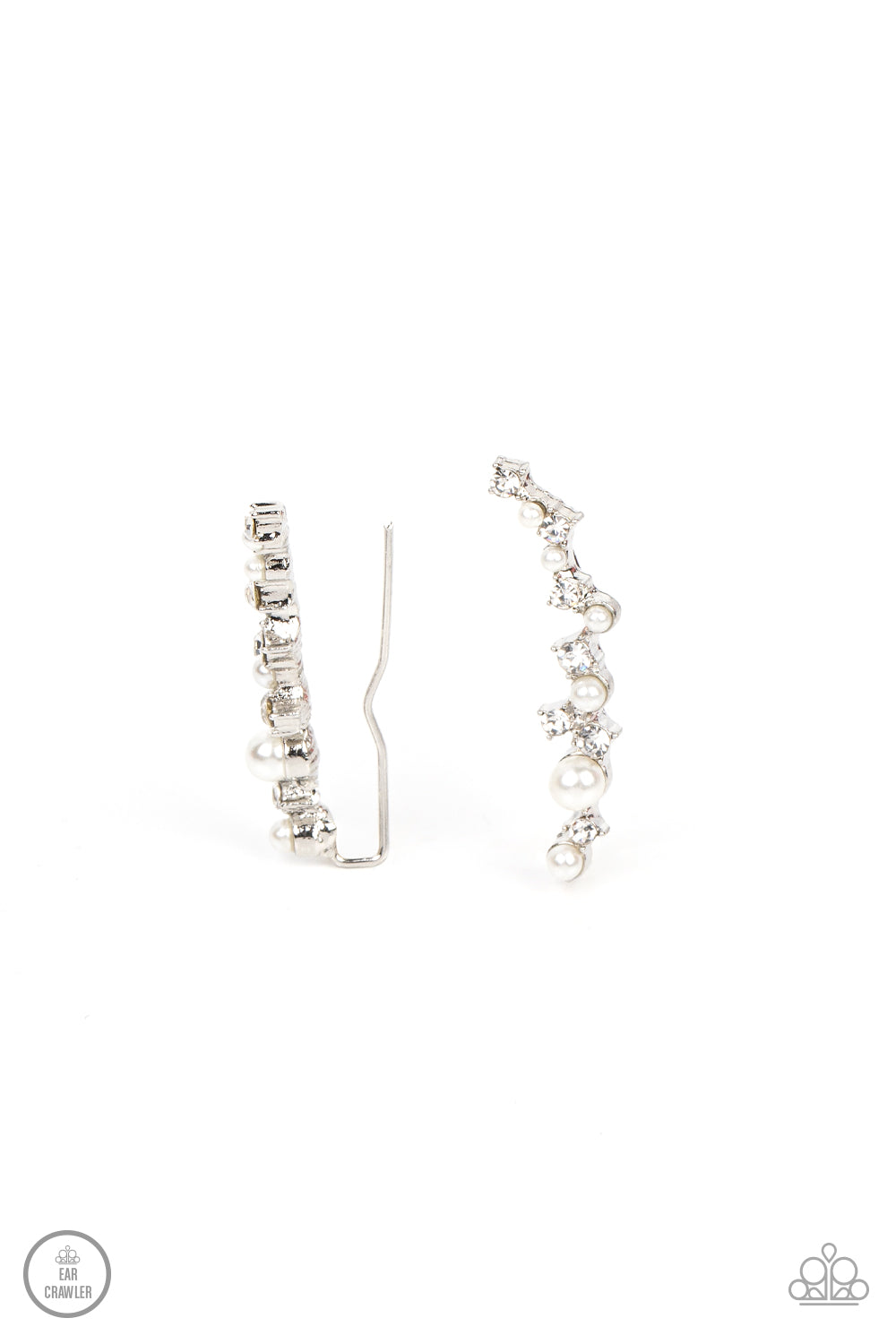 Couture Crawl White Ear Crawler Earring - Paparazzi Accessories  A bubbly assortment of dainty white rhinestones and white pearls gently climbs the ear for a timeless fashion statement. Features an extended post fitting that climbs the back of the ear and can be pressed together for a more secure fit.  Sold as one pair of ear crawlers.