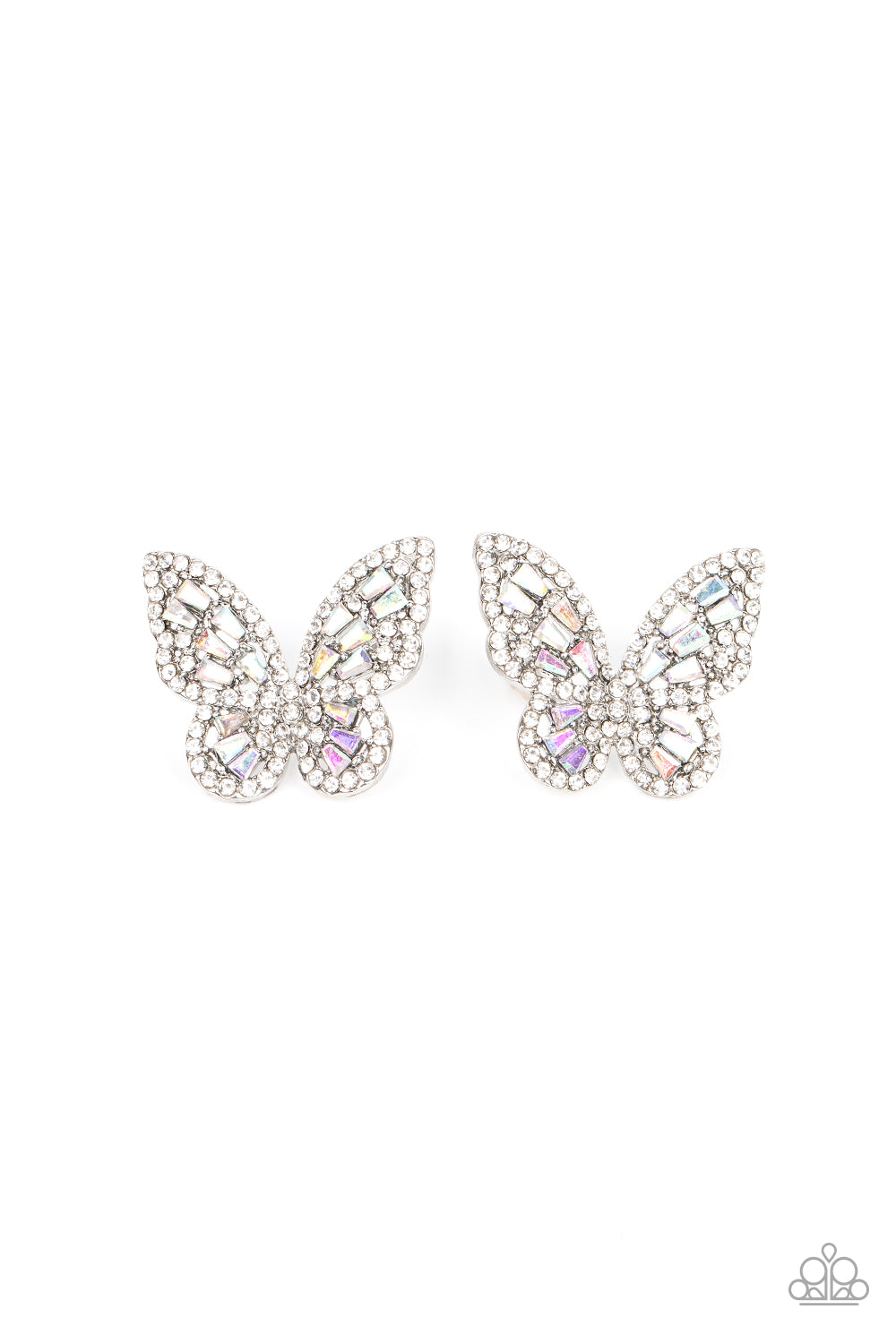 Smooth Like FLUTTER Multi Earring - Paparazzi Accessories  Bordered in dainty white rhinestones, emerald cut iridescent rhinestones sparkle inside the silver wings of a butterfly for an enchanting fashion. Earring attaches to a standard post fitting.  Sold as one pair of post earrings.