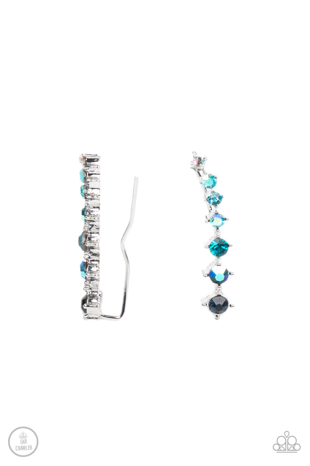 STARLIGHT Show Blue Ear Crawler Earring - Paparazzi Accessories  An iridescent spectrum of dainty blue rhinestones gradually increase in intensity as they climb the ear for a stellar fashion. Features an extended post fitting that climbs the back of the ear and can be pressed together for a more secure fit.  Sold as one pair of ear crawlers.