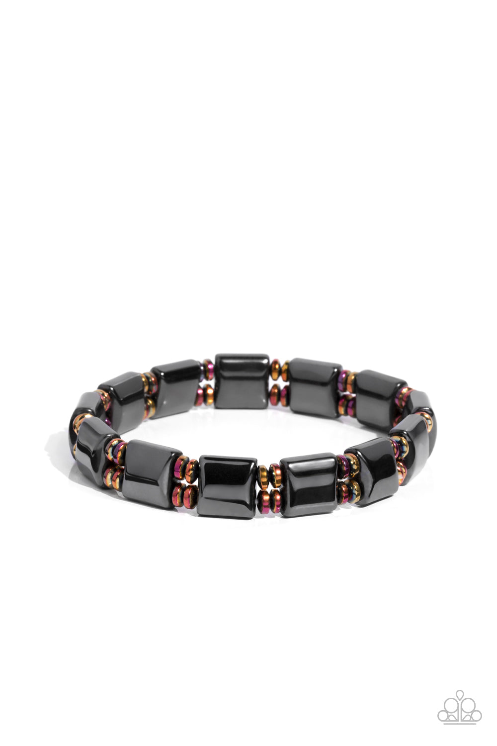 Cosmic Chrome Multi Urban Bracelet - Paparazzi Accessories   Pairs of metal discs coated in an oil fill finish, stack between metallic, square-like beads in a sleek gunmetal finish. The elements are threaded along stretchy bands, wrapping comfortably around the wrist.  Sold as one individual bracelet.